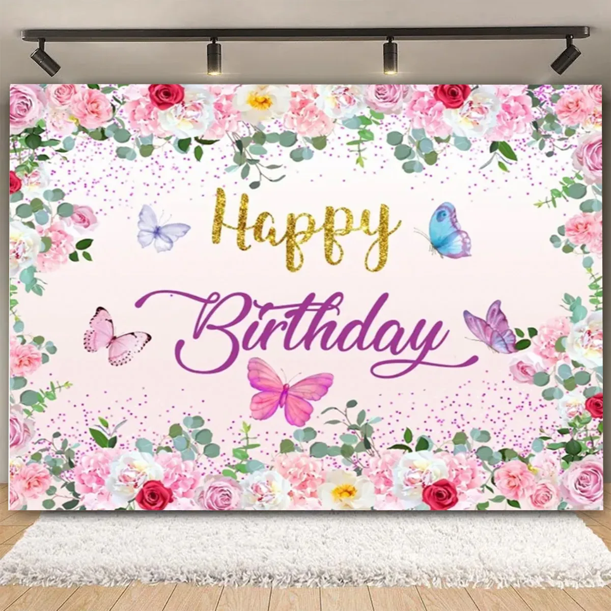 Cartoon Pink Purple Butterfly Birthday Party Backdrops Girl First Birthday Party Flower Gold Dots Baby Shower Wedding Decoration