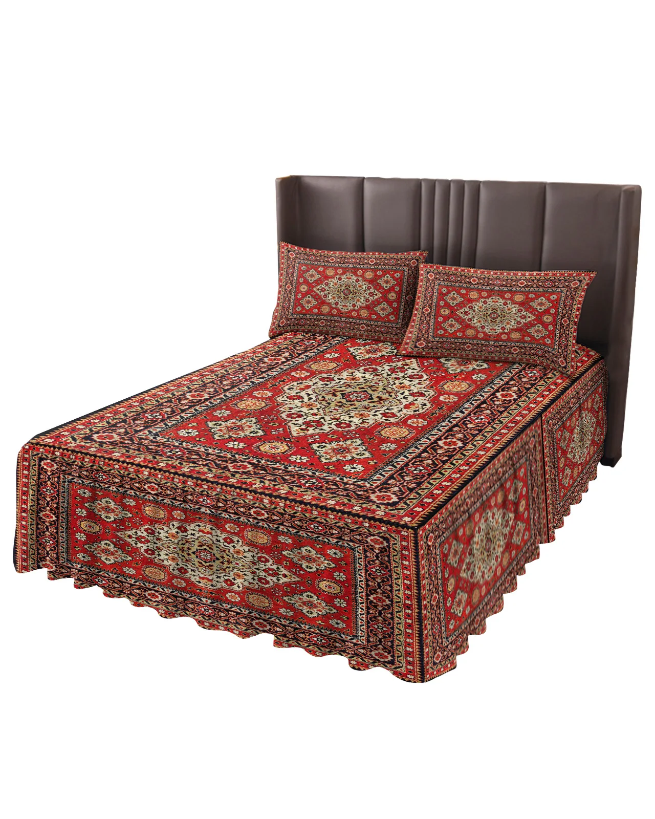 Vintage Flower Indian Bohemia Bed Skirt Elastic Fitted Bedspread With Pillowcases Mattress Cover Bedding Set Bed Sheet