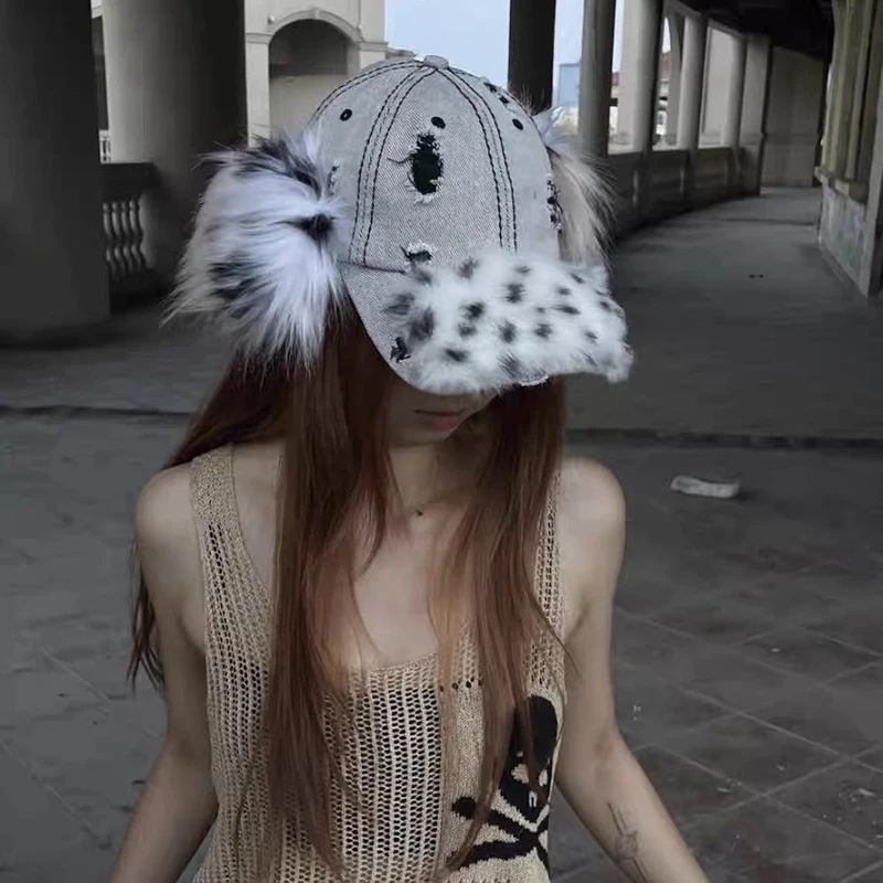 

New Y2k Cap Women's Plush Retro Spotted Hairball Washed denim Baseball Cap Autumn Winter Female Tide Cool Cap Men's Street Hats