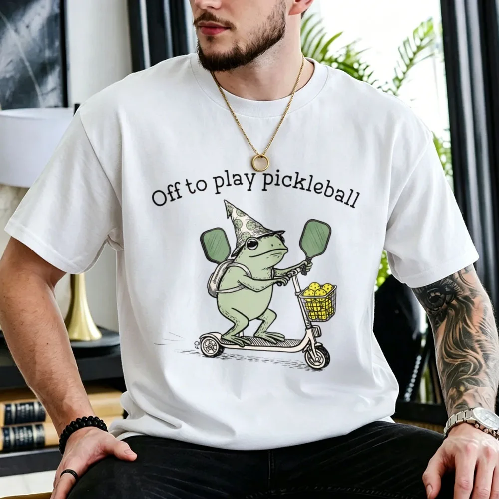 Cute Wizard Frog Riding Scooter with Pickleball Paddles Print Cotton T-Shirt Off To Play Pickleball Text Unisex Casual Party Top