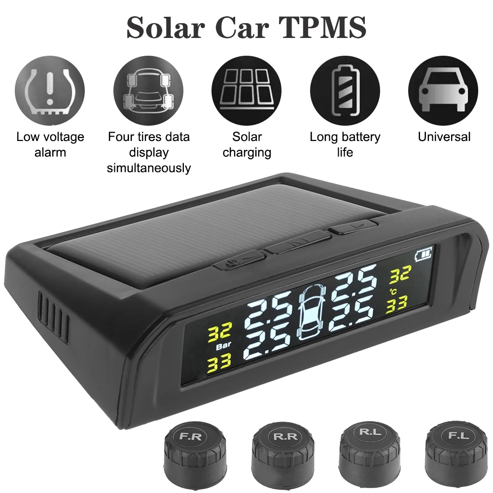 

Automotive Digital Tire Pressure Monitoring System Solar TPMS Real Time Temperature Warning 4 Tire Sensors Car TPMS Tester