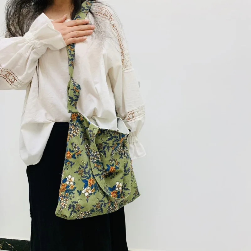 

Fashion Floral Corduroy Shoulder Bag Women Vintage Flower Print Woman Messenger Bag Casual Simple Shopping Cloth Handbag Female