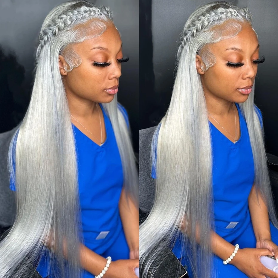 Silver Grey Lace Front Human Hair Wigs For Women 13x6 Hd Transparent Lace Frontal Wig Pre Plucked Bone Straight Gray Color Hair image 4