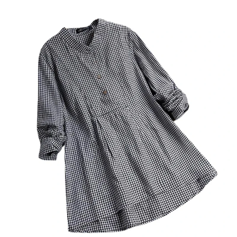 Geruit opstaand kraag pullover shirt dames patchwork knop modieuze losse en eenvoudige casual tops met lange mouwen