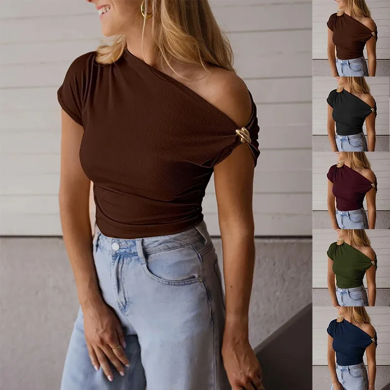 

Solid Color Short Sleeve T-Shirt Slim Fit 2026 New Summer Casual Fashion Women's New Metal Decorated Slant Neck Off-Shoulder Top