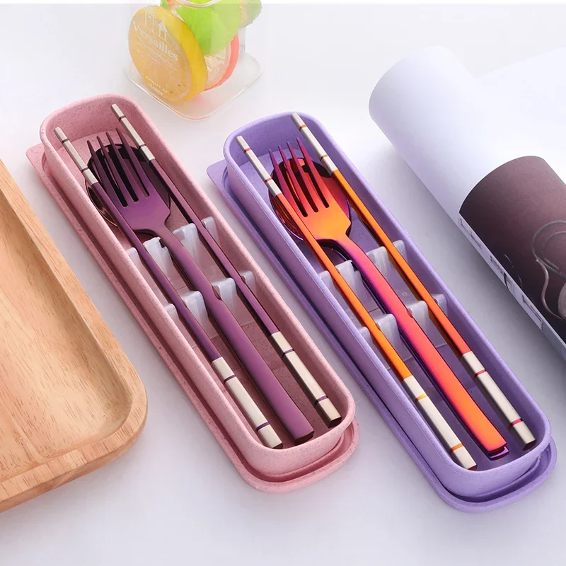 Portable Dinner Set With Box Stainless Steel Chopstick Spoon Fork Set Travel Cutlery Kids For School Outdoor Picnic