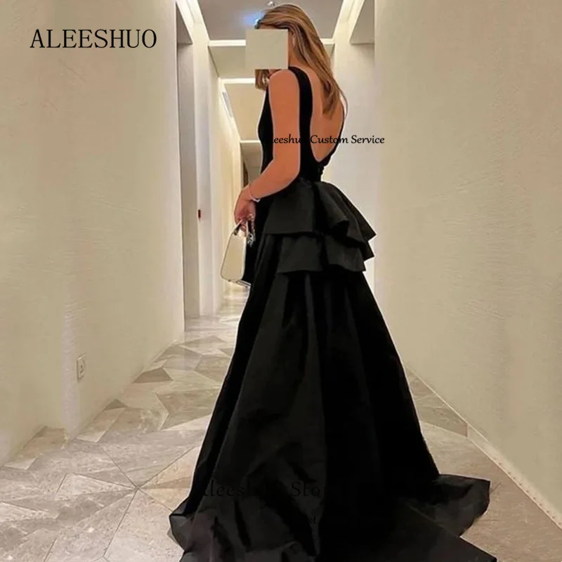 Aleeshuo Classic Sexy nero dritto abito da sera in raso senza maniche o-collo Party Prom Backless abiti da sera Robe soirée 2024