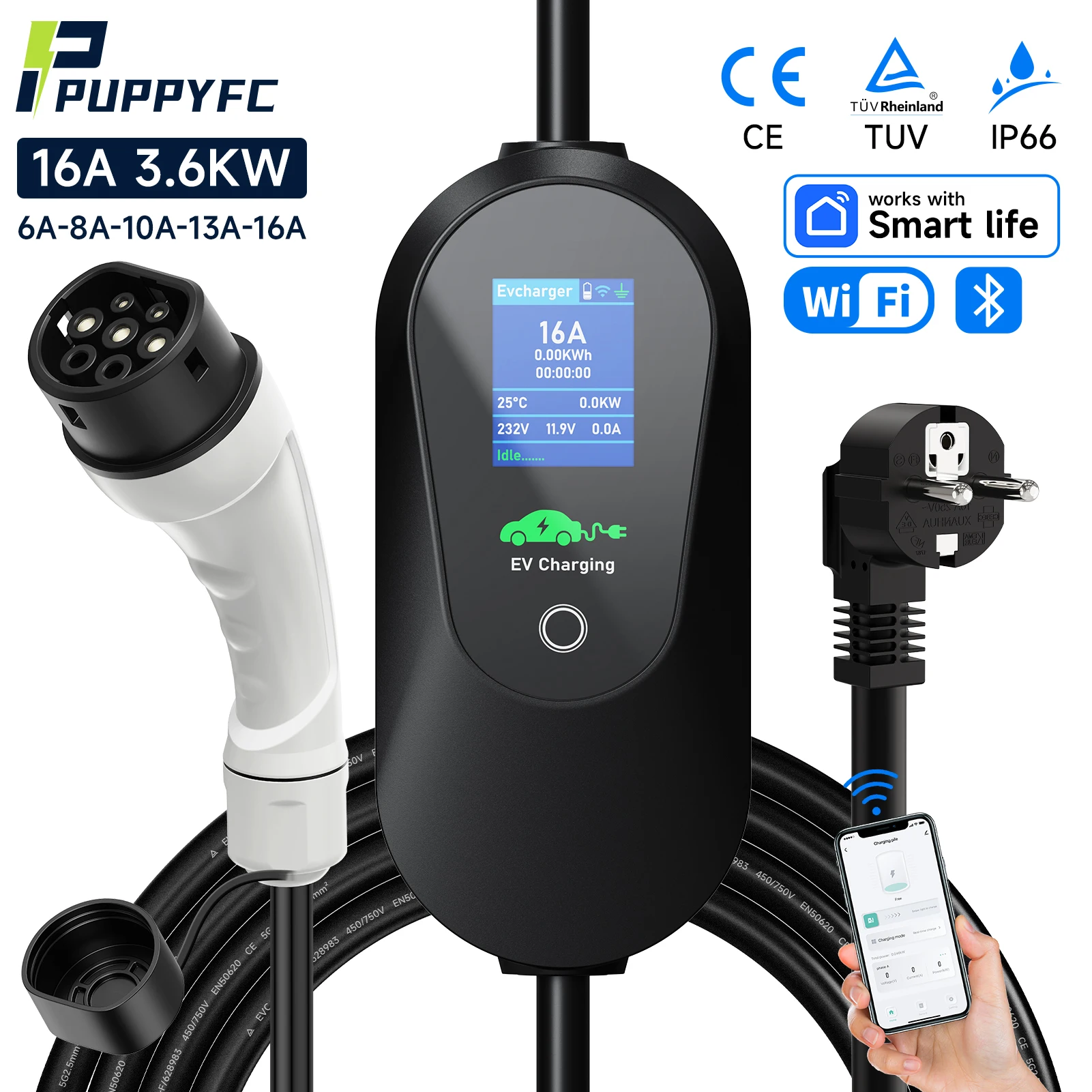 

Puppyfc 3.6KW Portable EV Charger Type2&Type1 SAE J1772 16A Fast Charging GBT EU Plug Wallbox 3.5m Cable with WiFi APP Control