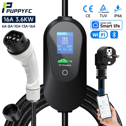 Puppyfc-cargador EV portátil de 3,6 kW, Type2 y Type1 SAE J1772 16A, carga rápida GBT, enchufe europeo, Wallbox, Cable de 3,5 m con Control de aplicación WiFi
