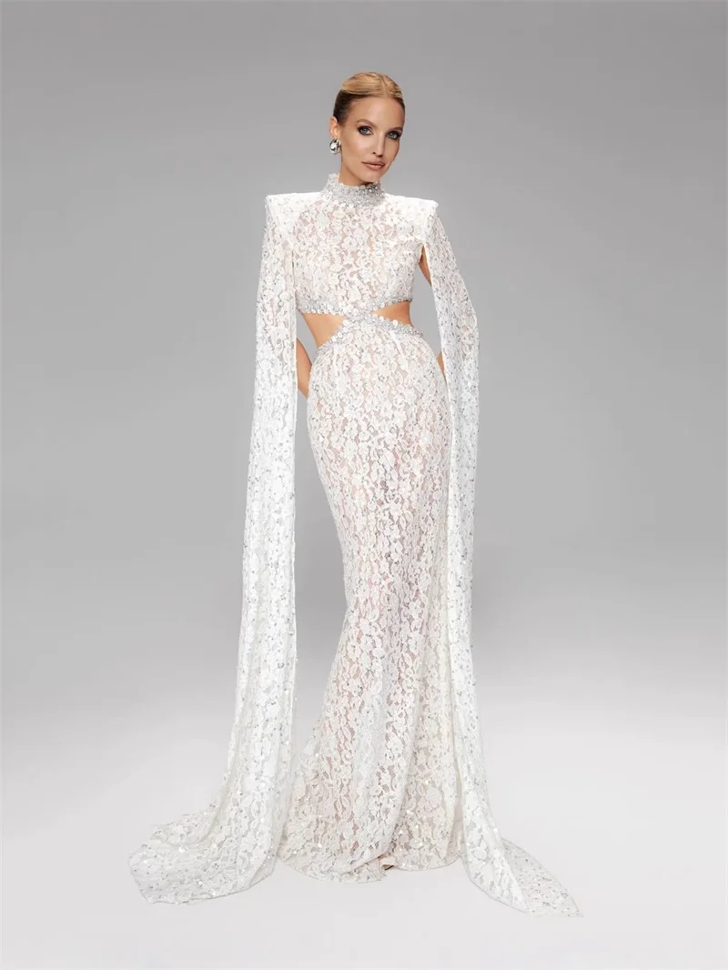 Crystals White Wrap Prom Dress Sexy Hollow High Neck Full Sleeves Lace Party Gown Formal Bridal Wedding Guest Birthday Robe