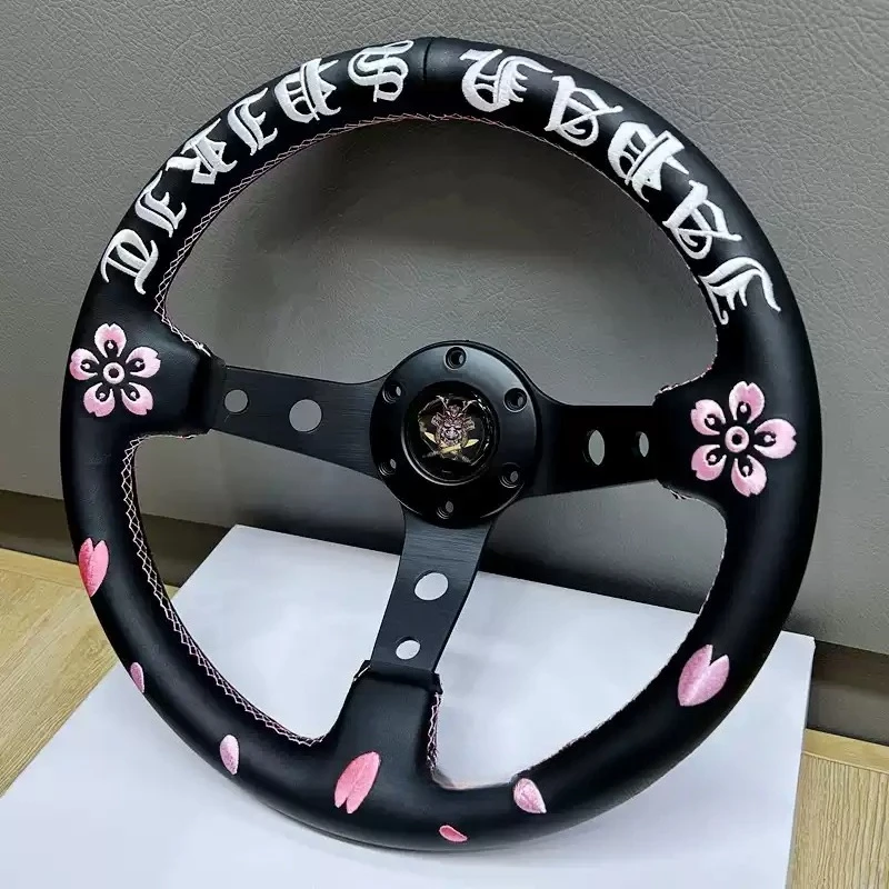 JDM Style Modified Racing Steering Wheel, 320mm Sakura Ghost Head Design, Microfiber Leather