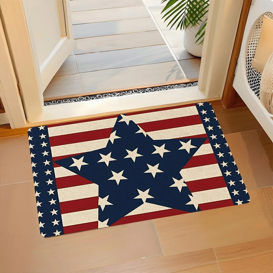 Red and White Striped and Blue Background Five-pointed Star Pattern Floor Mat Suitable for Family Living Room Kitchen Bedroom