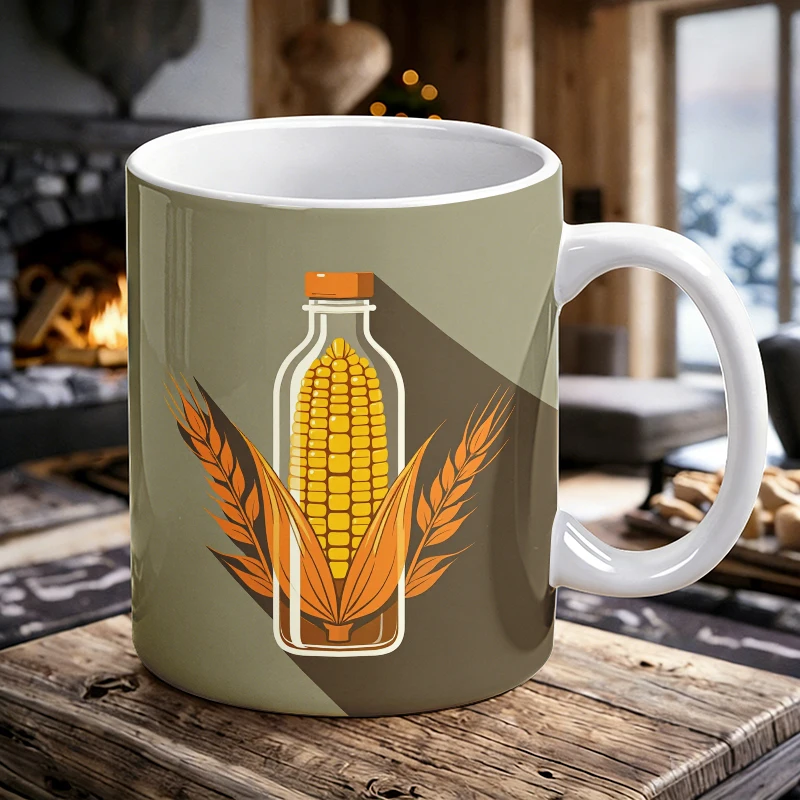 

11 oz creative bottle-style ceramic mug with corn design and handle, fully printed pattern coffee cup, insulated milk cup