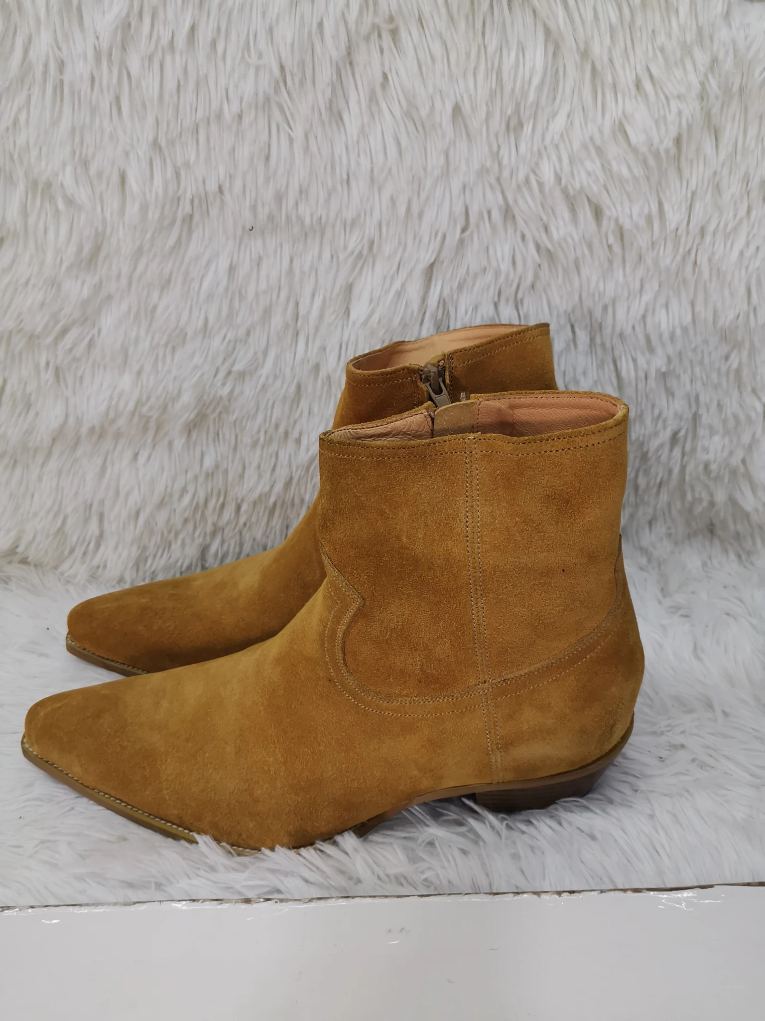 Western Cowboy Ankle Boots for Men Pointed Toe Frosted Leather Chelsea Boots Side Zipper Breathable Heightened Men\'s Shoes