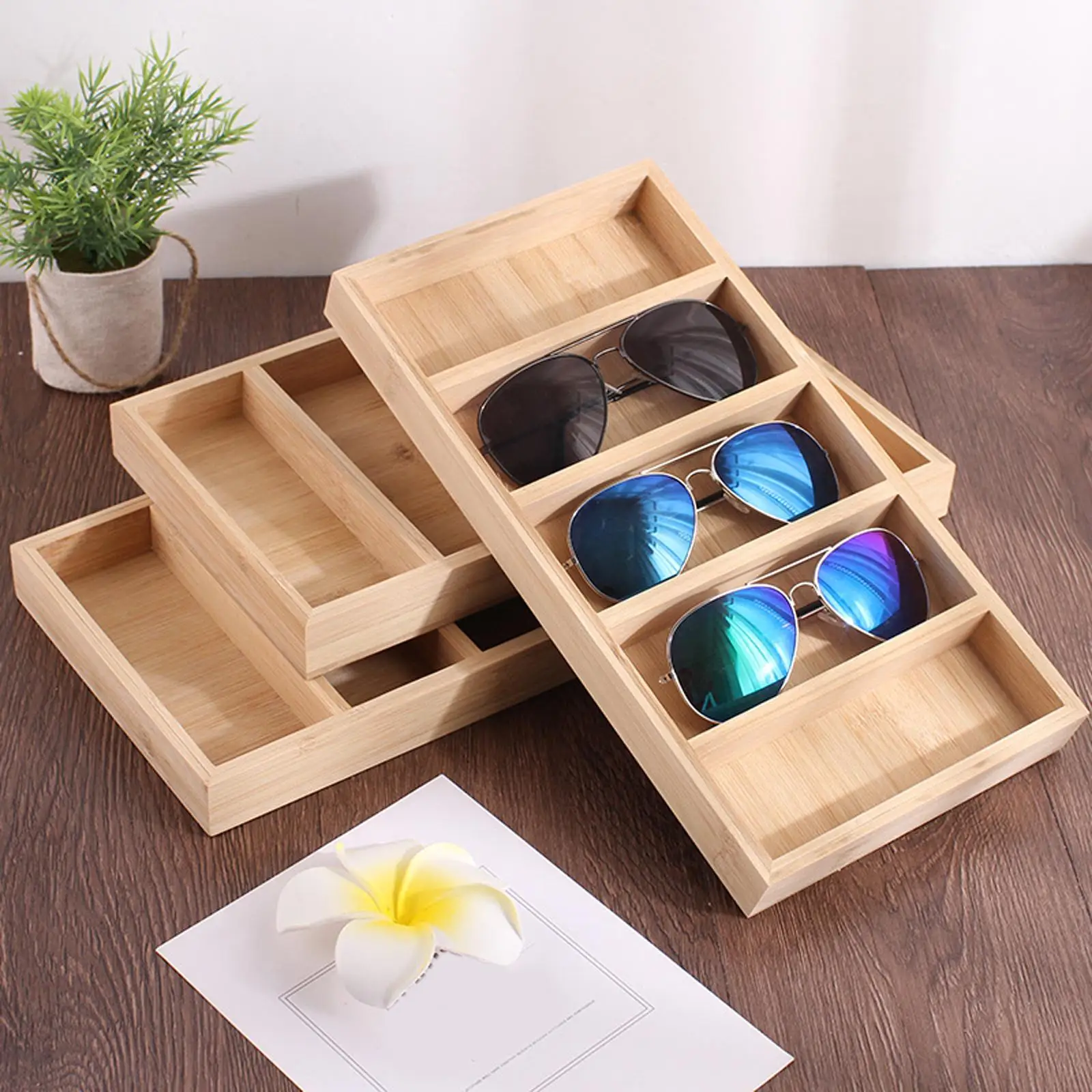Wooden Glass Show Case Stand with Tiered Shelves for Eyewear Display Home Office Organizer Decor