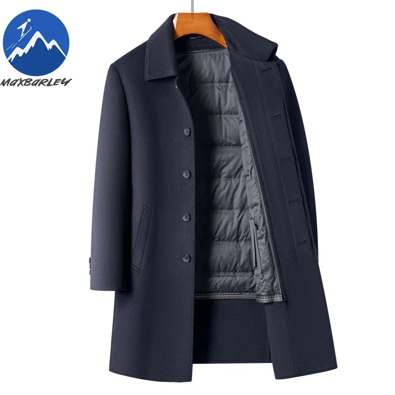 

Длинное шерстяное пальто для мужчин, новое зимнее высококачественное толстое съемное пальто на подкладке на утином пуху, двусторонний шерстяной плащ в корейском стиле