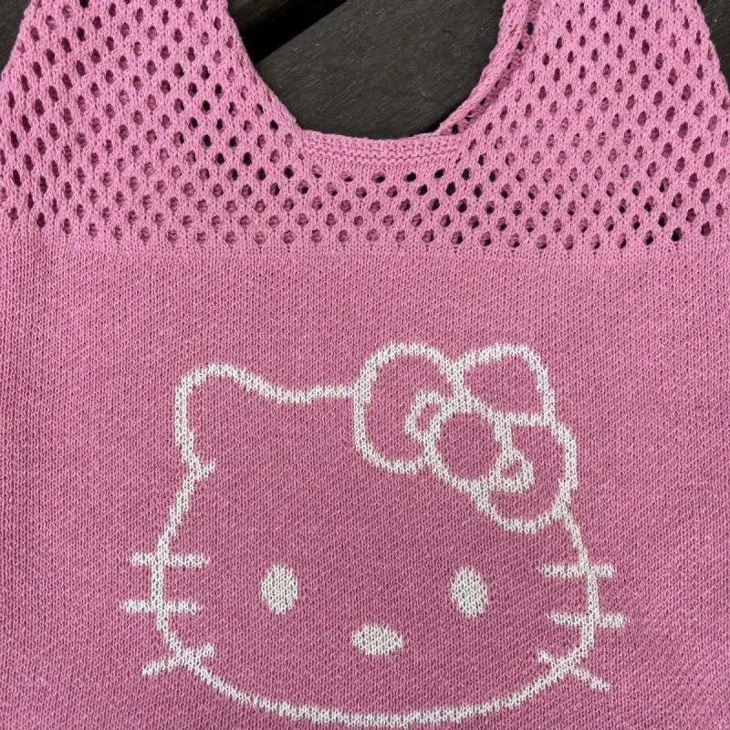 Y2K Kawaii Kt Cat Anime Cartoon Knitting Yarn borse a tracolla Childlike Cute Vacation Braid Mesh Bag Street Style Fashion Handbag