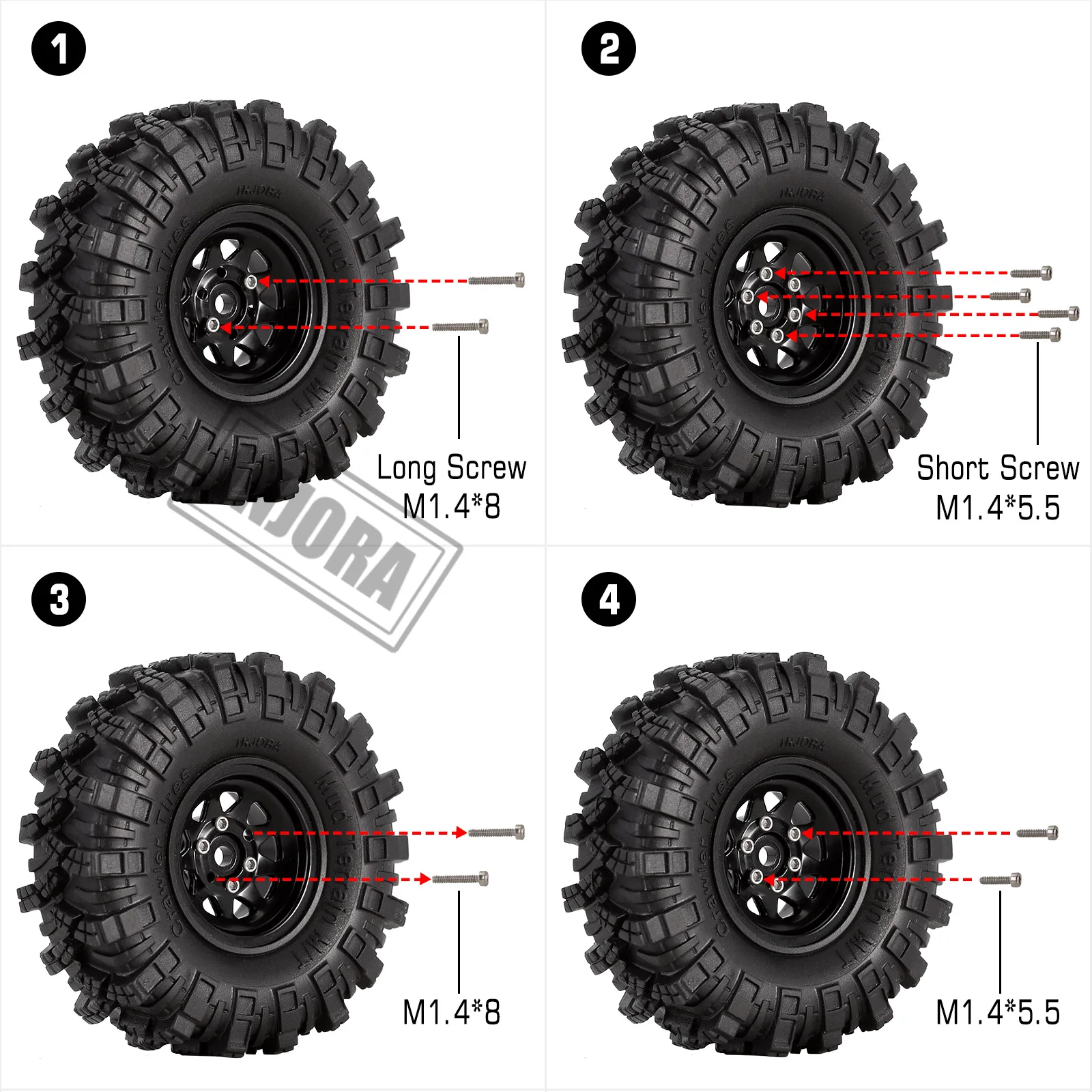 INJORA 1.0 Beadlock Wheel Mud Tires Set Deep Dish Negative Offset 3.78mm For RC Crawler Car Axial SCX24 Enduro24 (W1004-T1007)