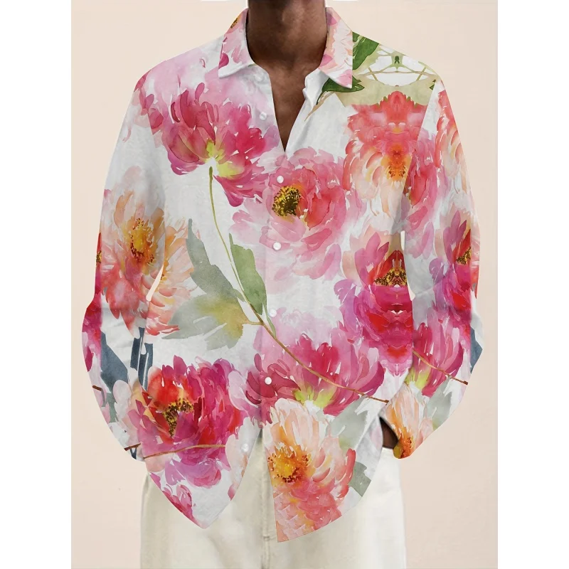 Flowers Plant Pattern Hawaiian Shirts For Men Colorful Rose 3D Printed Blouse Casual Long Sleeve Lapel Button Tops Aloha Shirts