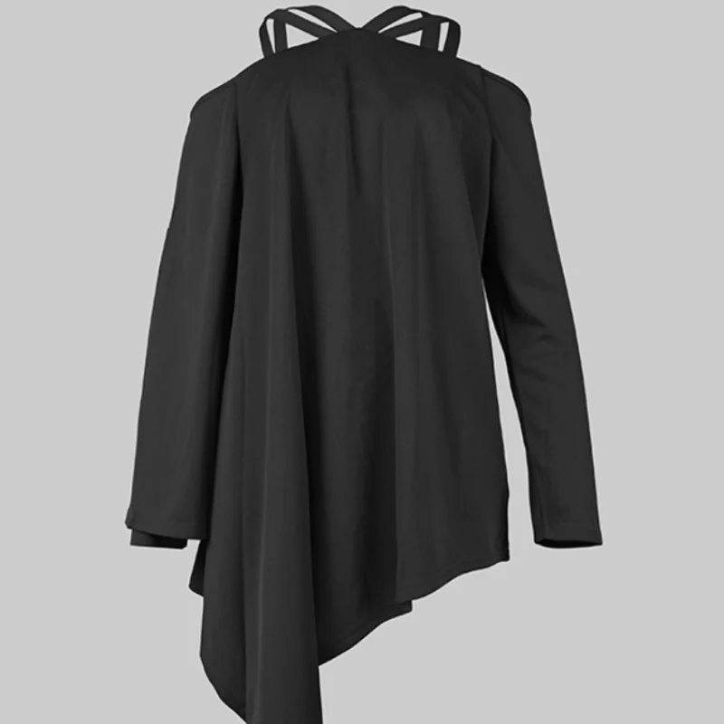 

2025 Daily Tops Hollowed Cold Shoulder Halter Long Sleeve Loose Pleated Asymmetric Long Sleeve Casual Shirts Tops Loose Hollow