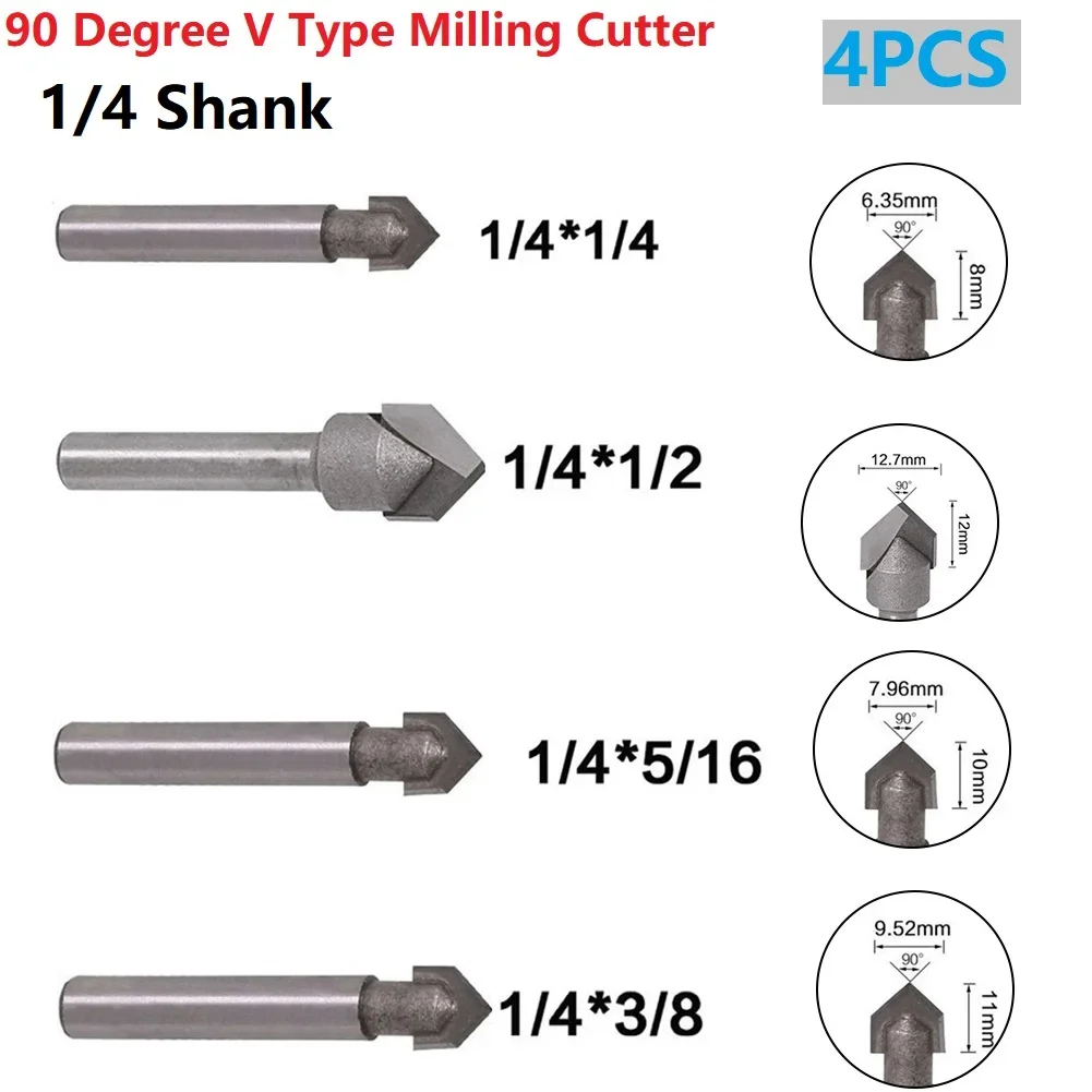 4pcs 1/4 Inch Shank 90 Degree V Groove Router Bit Set CNC Engraving Drill Bits Milling Cutter Wood Bit Woodworking Trimming Tool