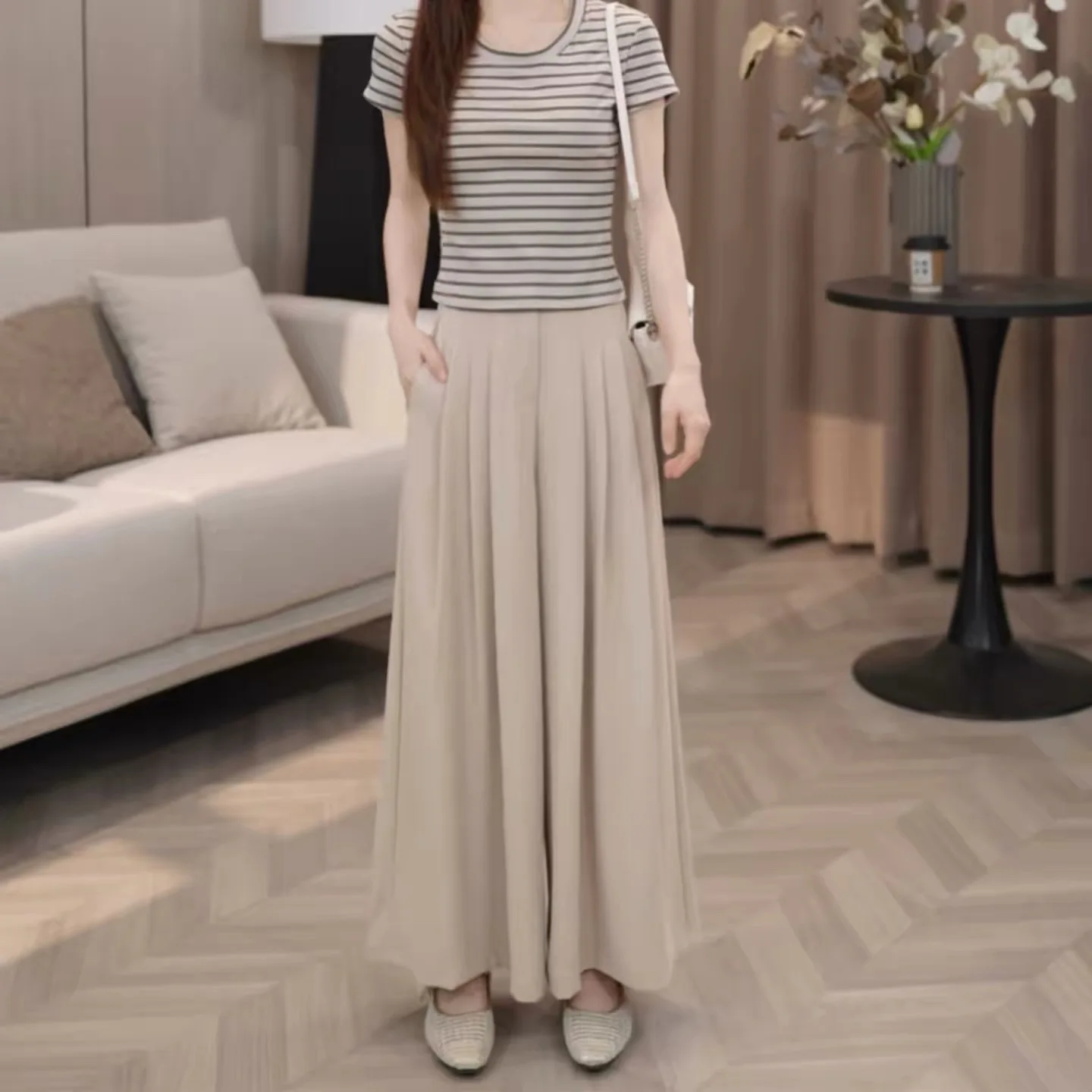 Summer Thin Ice Silk Wide Leg Pants Loose High Waist Loose Feeling Nine Points Casual Yamamoto Skirt for Small Stature Women