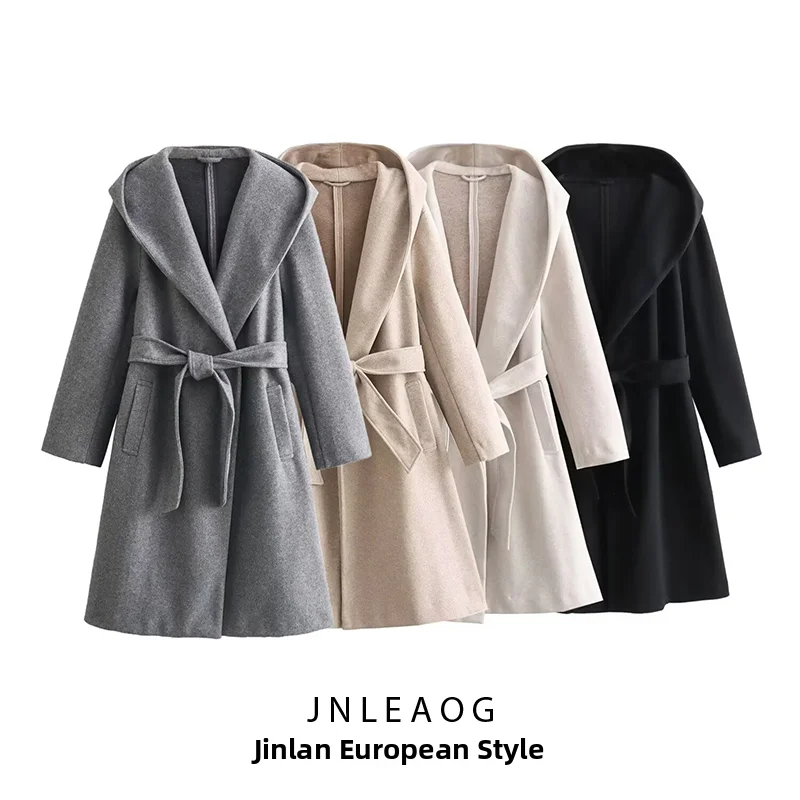 JNLEAOG Women's Comfortable Woolen Coat with Hat Multi-Color Loose Fit Autumn New Style Fashionable Ladies' Long Sleeve Coat