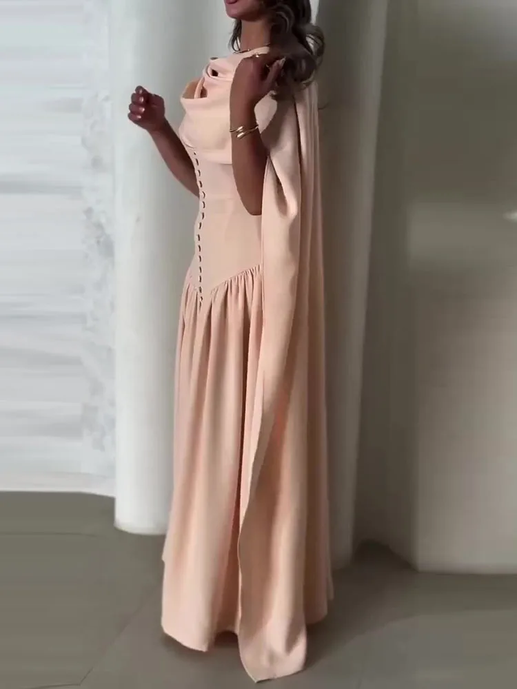 Temperament Solid Color Dress Fashion  A-line O-Neck Long Dresses Luxury Nipped Waist Sleeveless Shawl Collar Banquet Dress