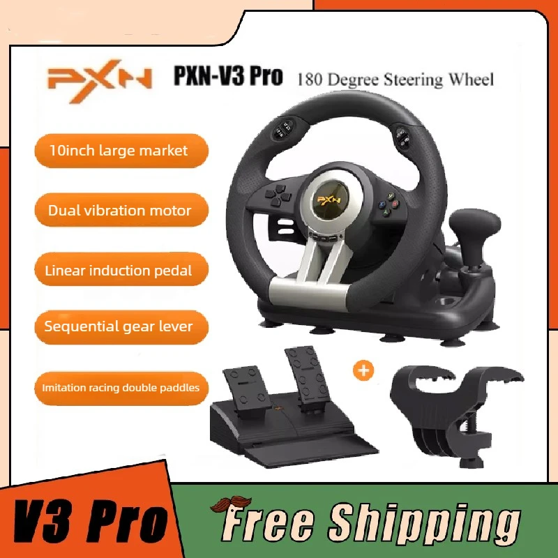 Nuevo Volante de Juego Pxn V3 Pro con Motor de 180 Grados de Rotación, Volante con Cable USB para Jugadores, con Vibración para PC/PS4/Xbox Series