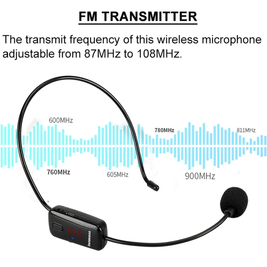 Retekess TR503 Wireless Microphone Condenser Headset Megaphone Radio Mic FM 87-108MHz For Loudspeaker Teaching Meeting Guide