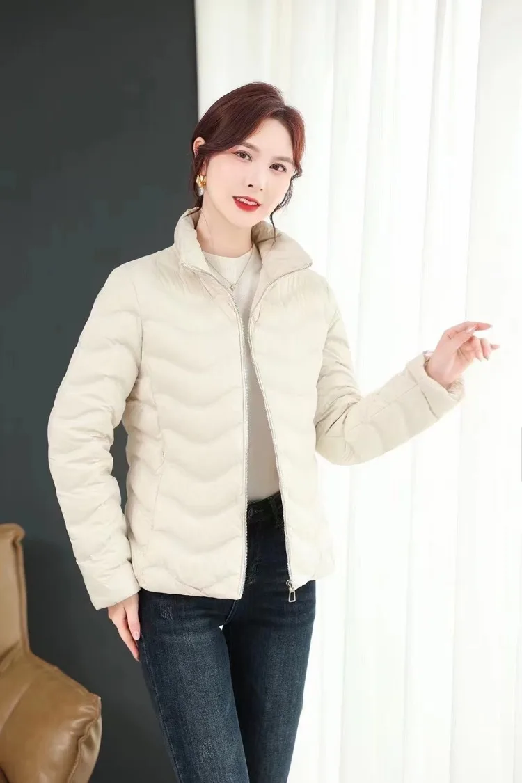 Chaqueta ultraligera de manga larga con plumón de pato blanco 90% para mujer, chaqueta cálida con cuello levantado a la moda para invierno