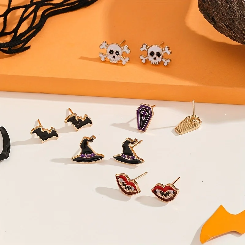 Vedawas 5 paia/set Witch Hat Bat Pumpkin Corn Candy orecchini Set,Halloween ringraziamento accessori donna