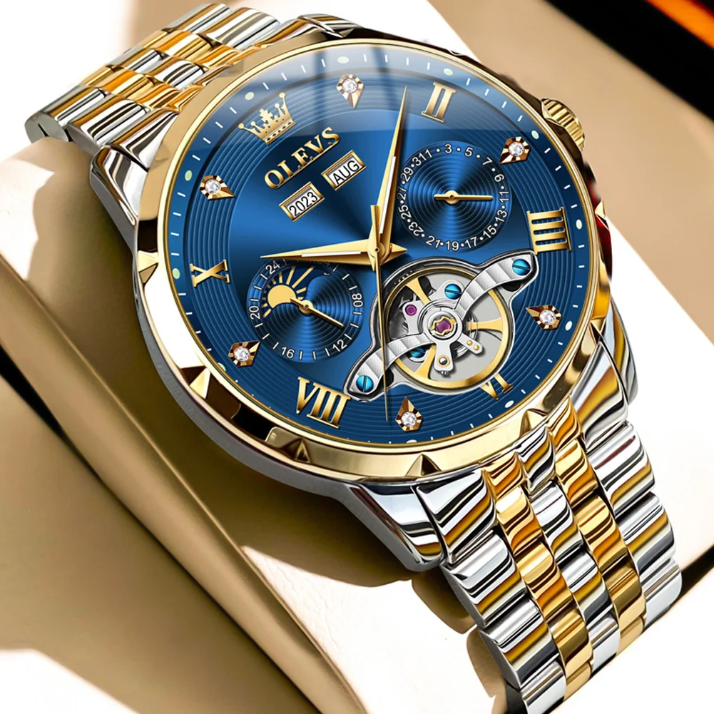 OLEVS 6691 Herrenuhr Luxus Business Original Schwungrad Automatische mechanische Uhr für Mann Ewiger Kalender Mondphase Leuchtend 5