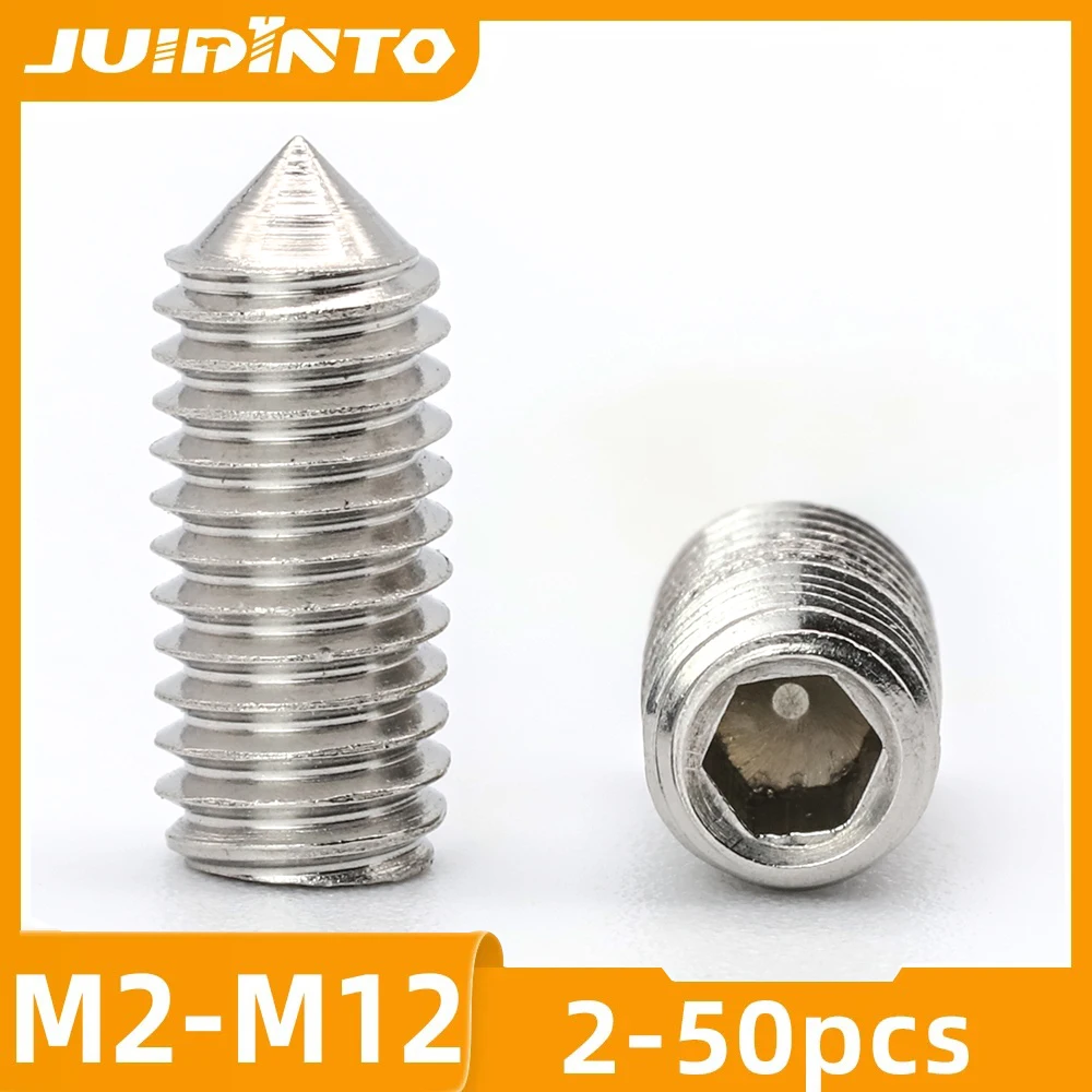 JUIDINTO 5-50pcs Hex Socket Cone Point Set Screws 304 A2-70 Stainless Steel M2 M2.5 M3 M4 M5 M6 M8 M10 Allen Grub Screws DIN914