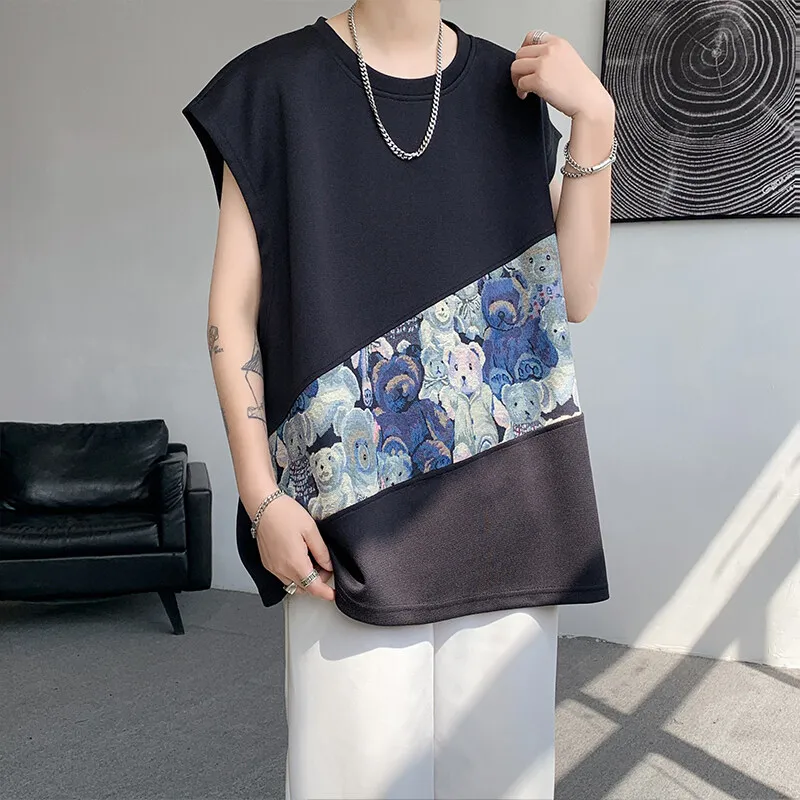 Men Patchwork Design Loose Fit Round Neck Sleeveless T shirt Streetwear Summer Vest Breathable Comfort Mens Clothing Athleisure