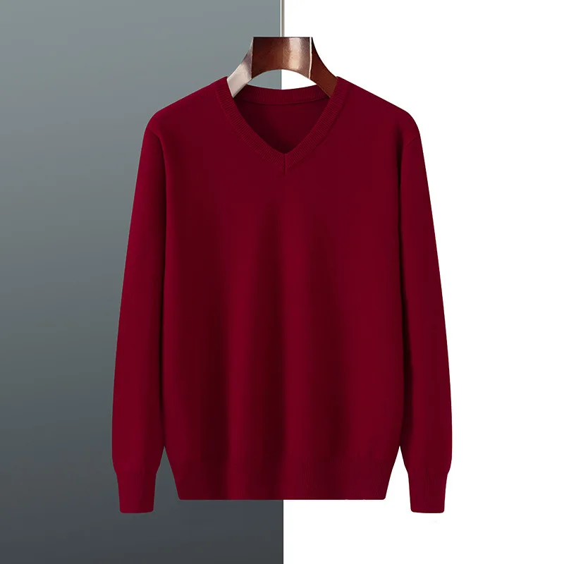 Men Cashmere Pullover V-Neck Sweater Autumn Winter Warm Solid Color Knitted Sweater Business Casual Long Sleeve Tops Pull Hommes - view 5