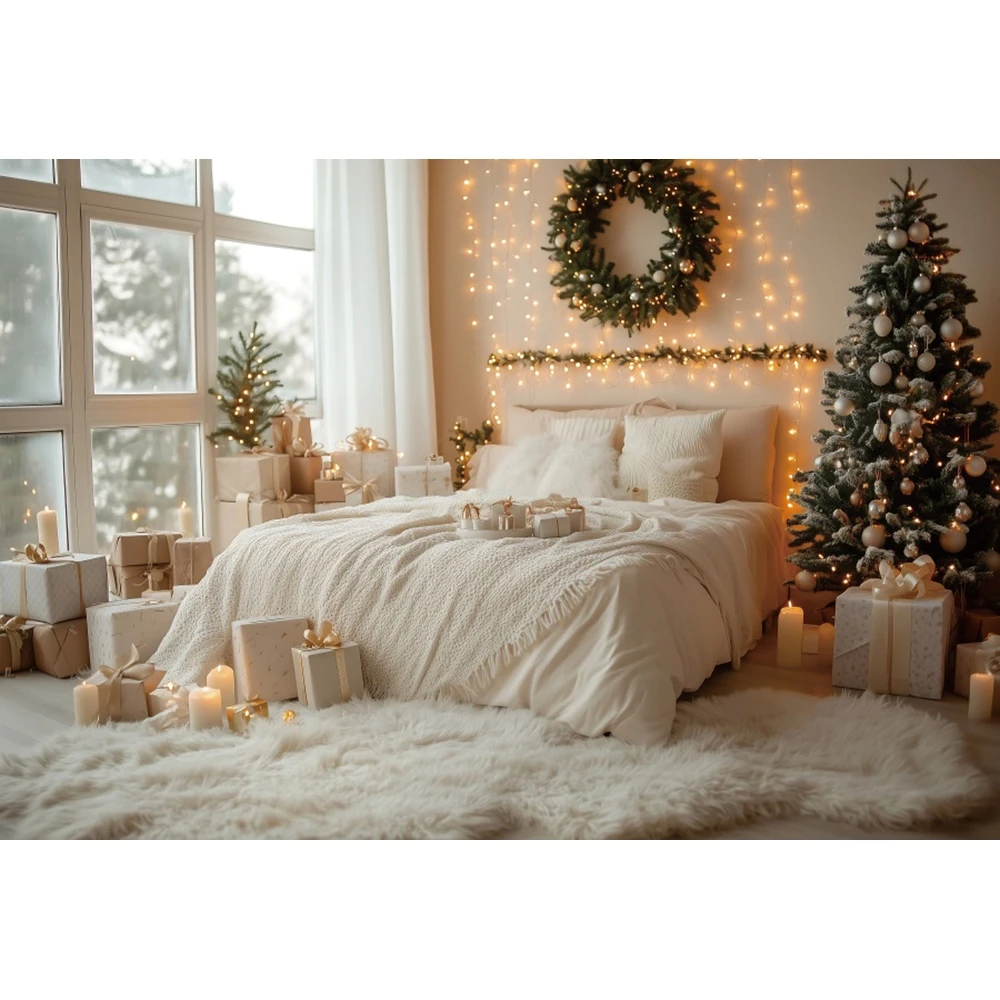 عيد الميلاد غرفة نوم المشهد التصوير خلفية شجرة عيد الميلاد نافذة إكليل الأسرة صورة التصوير خلفية الصورة استوديو الدعائم