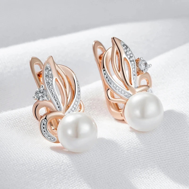 Wbmqda Luxury Pearl Drop Women\'s Earrings 585 Rose Gold Silver Mixed Color Retro Wedding Party Fine Jewelry