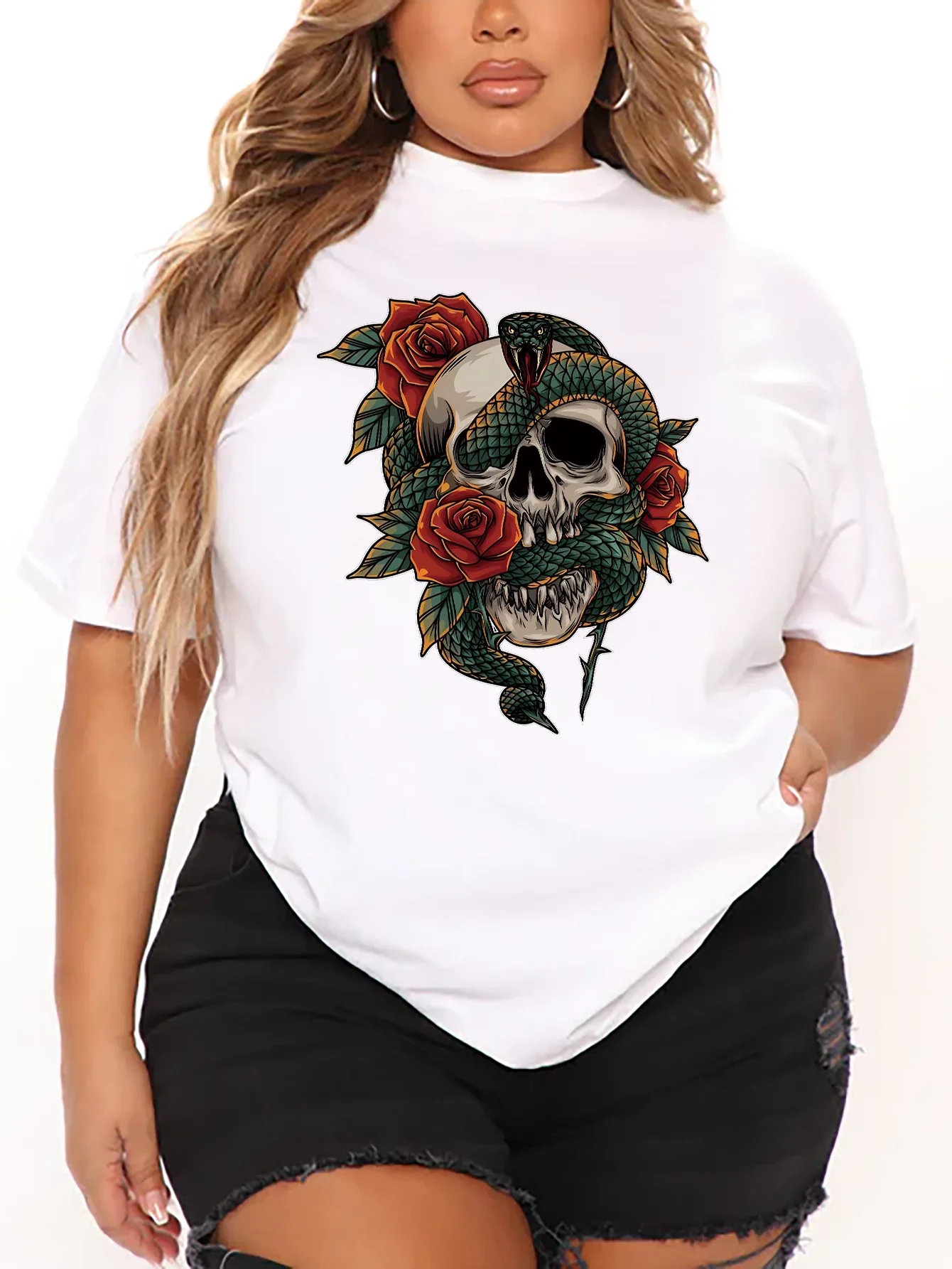 Vrouwen Plus Size Kleding Zomer Casual Korte Mouwen 8 Kleur O-hals T-Shirt Bedrukt Graphics Skull Eye Snake Plus Size T-Shirt