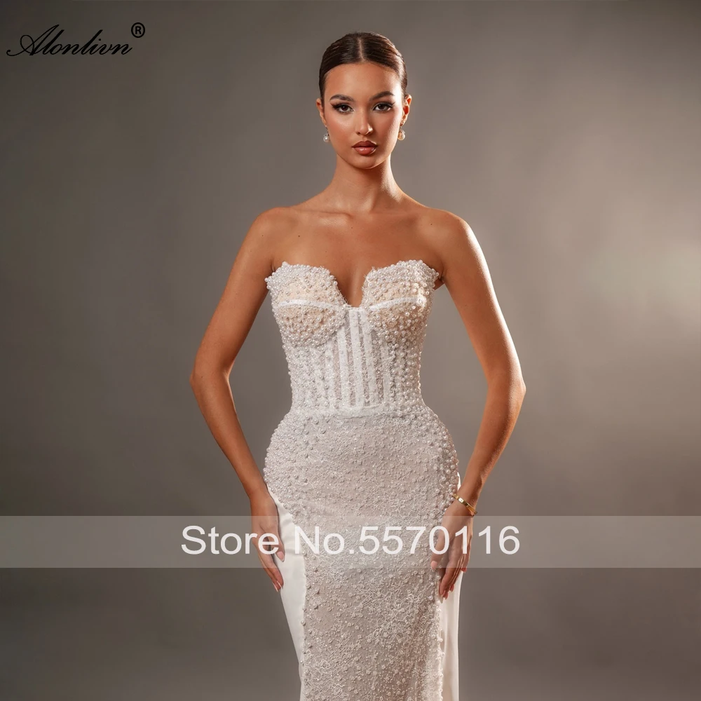 Alonlivn فستان زفاف فاخر مصنوع حسب الطلب من الدانتيل حورية البحر مطرز بالخرز مع زهور ثلاثية الأبعاد بدون أكتاف فساتين زفاف البوق