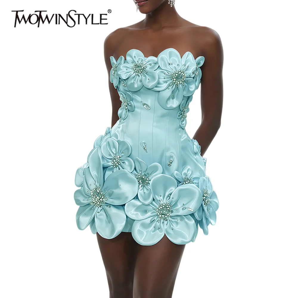 

TWOTWINSTYLE Blue Spliced 3D Flower Strapless Mini Dresses for Women Sleeveless Waist Cinched Bubble Hem for Birthdays Parties