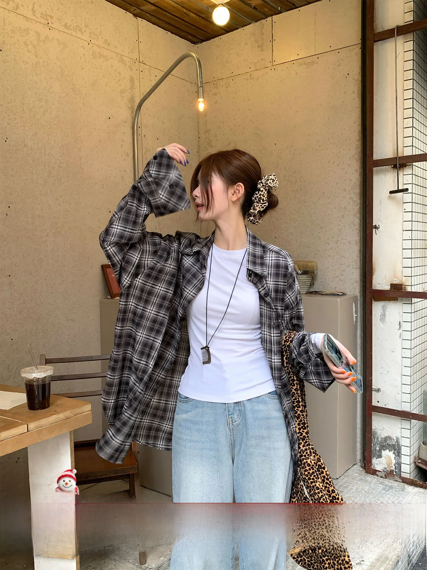 

Sun Protection Plaid irt Women's Summer 2025 New Korean Sle Loose Casual Top Breathable Skin-friendly Long Sve Co...