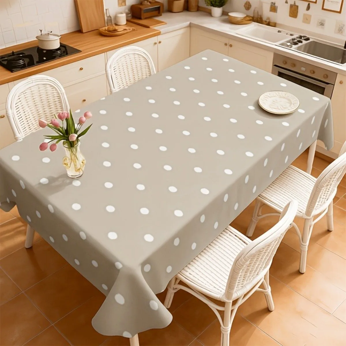 1pc khaki-themed white polka dot tablecloth, machine washable and easy to clean, suitable for the dining table