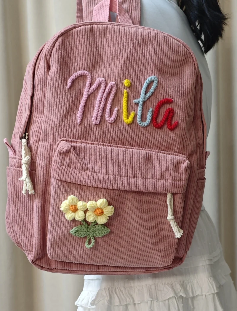 Mochila de pana hecha a mano personalizada con su nombre, mochila informal, clásico neutro, portátil para el campus, bolso súper suave