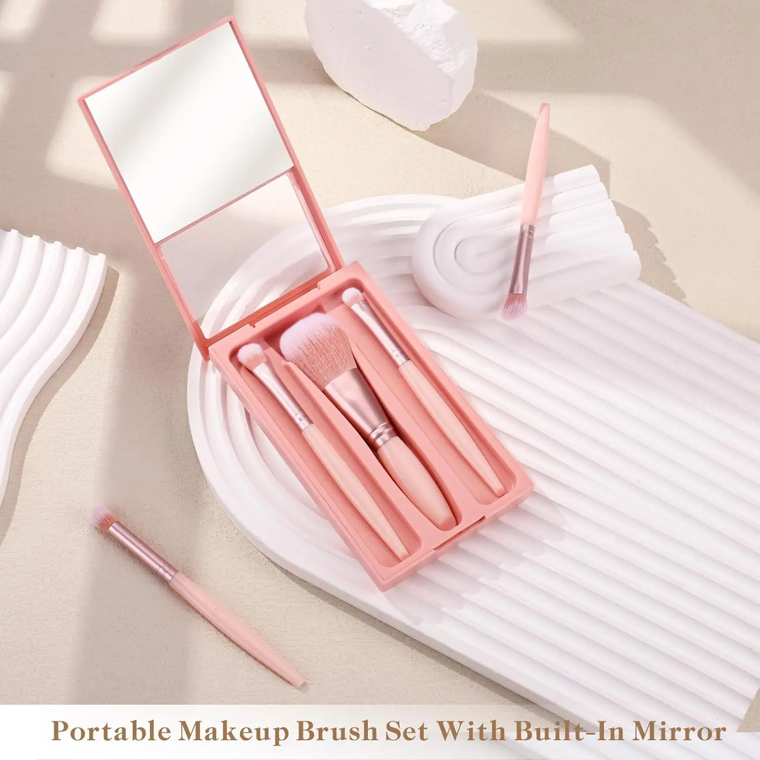 Set di pennelli per trucco da 5 pezzi con specchio, kit cosmetico portatile per fard in polvere morbida da viaggio