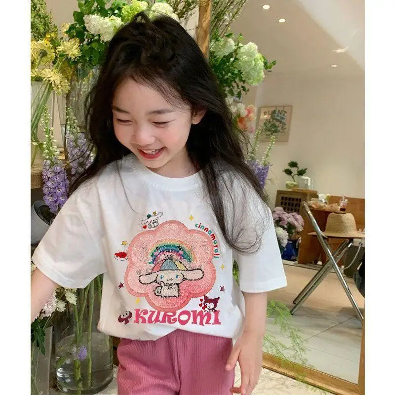 New Anime Sanrios Cinnamoroll Girl Cotton T-Shirt Kawaii Kuromi Cartoon Short Sleeve Fashion Embroidery Tops Summer Kids Clothes