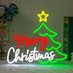 Merry Christmas Neon Sign Christmas Tree LED Light Up Sign For Home Bar Xmas Party Decor Kids Room Decoration Dimmable USB Gifts