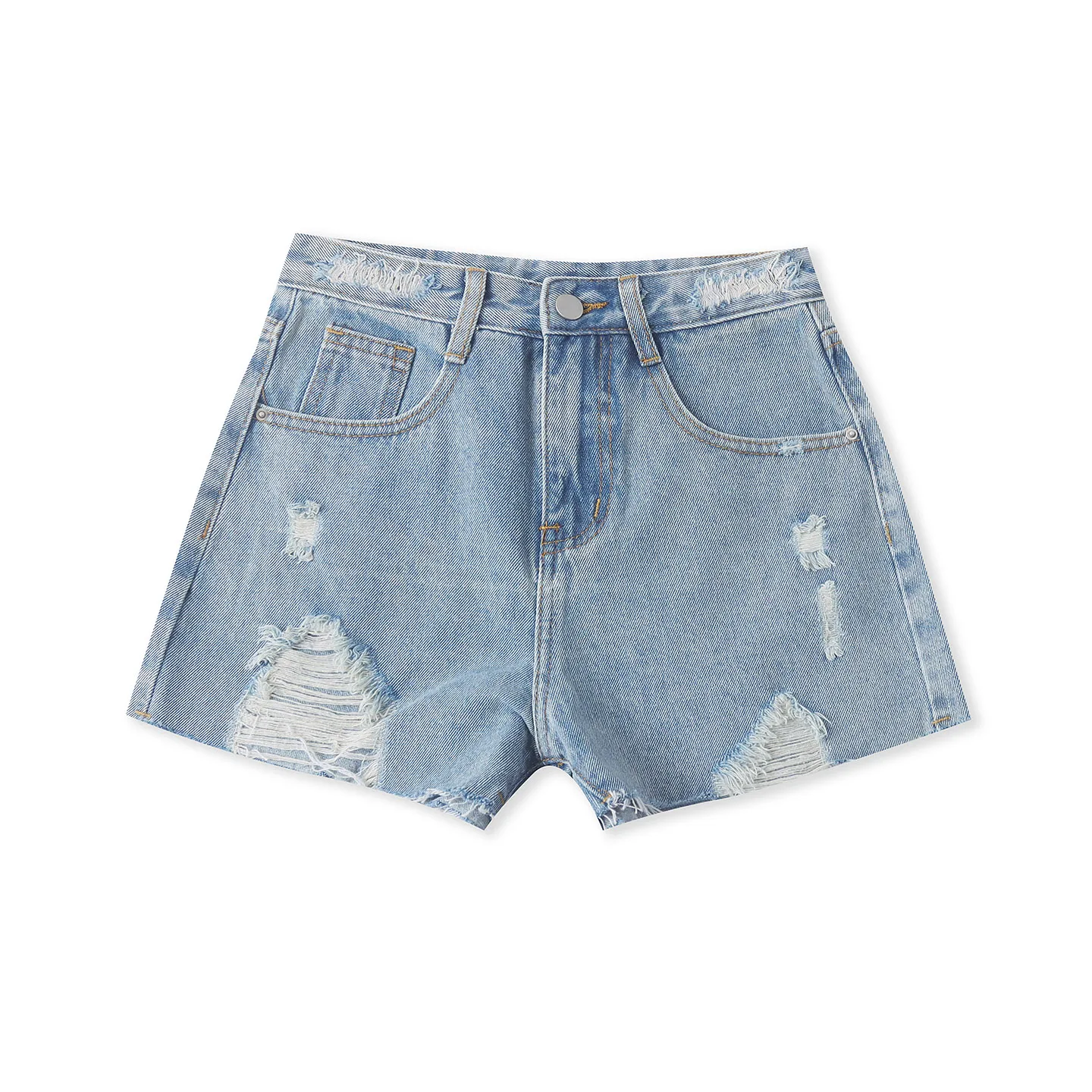High Waist Cuffed Washed Shorts Women's Casual Fashioned Versatile Multi-Pocket Hole Punchy Summer New Style 19411