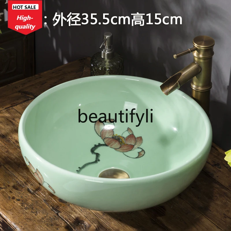 

Ceramic table hand washing single basin retro Chinese art basin small size balcony washbasin basin household D1089