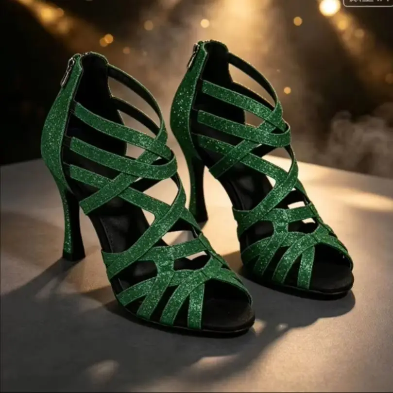 Evk Green Glitter Latin Dance Boots Women Peep Toe Salsa Ballroom Tango Shoes Girls 8Sneaker Party Dancing Footwear